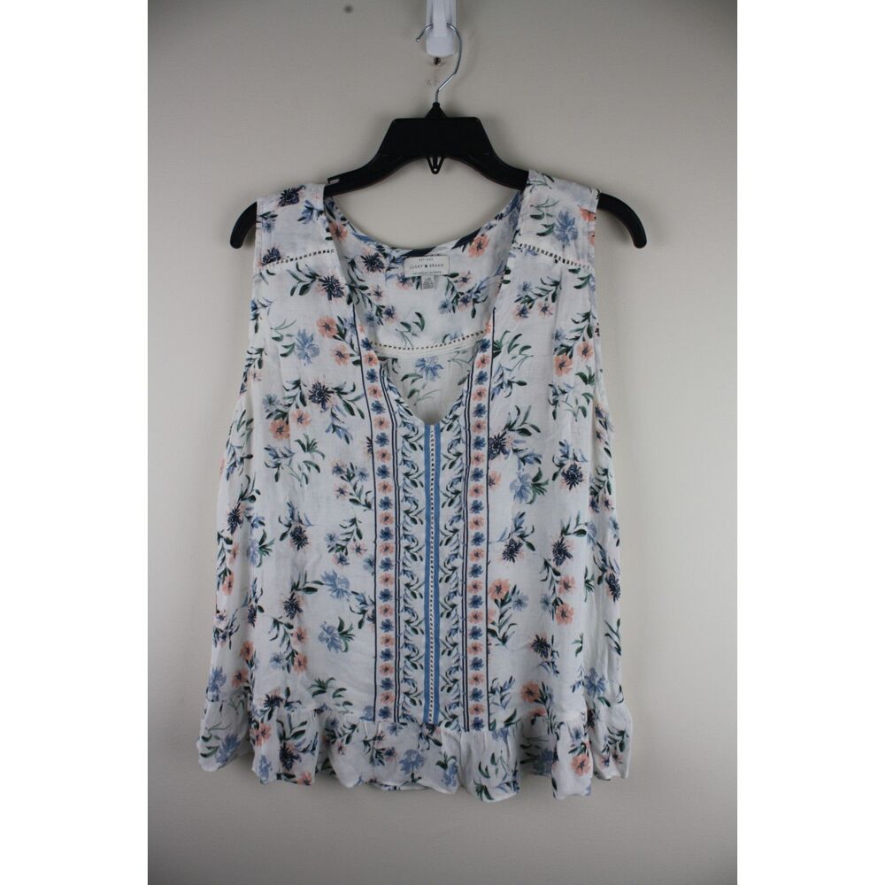 Lucky Brand Floral Border Print Ruffle Hem Blouse‎ L White Blue Peach Boho